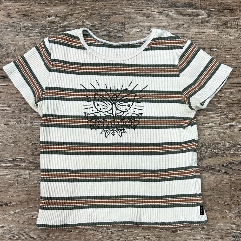 Cream and brown striped knit baby tee with a butterfly design